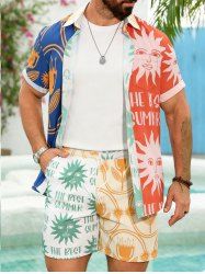 Ships From US Warehouse • Fast Delivery In 2–3 Business Days | Men's Matching Two Piece Hawaiian Style Letter Abstract Sun Floral Graphic Print Button Up Short Sleeves Shirt And Drawstring Shorts Set - Blanche Amande 2XL