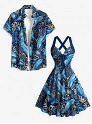 Tenue de plage hawaïenne assortie pour couple, à imprimé requins et corail - Bleu 