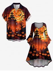 Tenue assortie pour couples à imprimé Halloween citrouille lune chauve-souris château arbre - Orange Foncé 