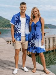 Coconut Tree Sea Ombre Sky Print Matching Hawaii Beach Outfit For Couples -  