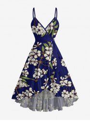 Leaf Flower Branch Print Hawaii Ruffles Tulip Hem Surplice Beach Cover Dress With Belt -  