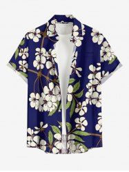 Leaf Flower Branch Print Hawaii Button Pocket Shirt For Men -  