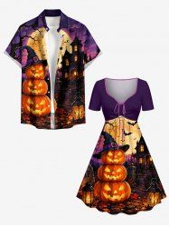 Tenue assortie pour couples avec imprimé citrouille d'Halloween, château de sorcières, chauve-souris et lune - Concorde 