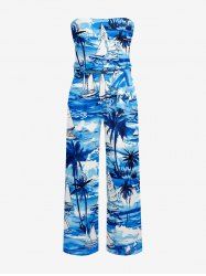 Coconut Tree Sea Waves Print Pocket Hawaii Jumpsuit With Removable Belt and Shoulder Straps -  