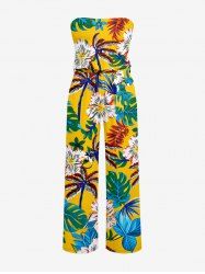 Flowers Leaf Tropical Print Pocket Hawaii Jumpsuit With Removable Belt and Shoulder Straps -  