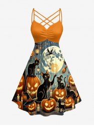 Halloween Pumpkin Cat Moon Print Ruched Lattice Crisscross Straps Dress -  