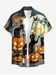 Halloween Pumpkin Cat Moon Print Buttons Pocket Shirt For Men -  