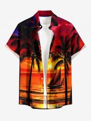 Coconut Tree Seascape Sailboat Print Buttons Pocket Hawaii Shirt For Men -  