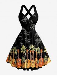 Coconut Tree Pineapple Guitar Print Crisscross Straps Bowknot Hawaii Tank Dress -  