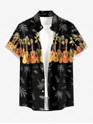 Chemise hawaïenne pour homme à imprimé cocotier, ananas et guitare, à boutons et poche - Noir 3XL