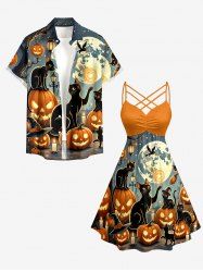 Halloween Pumpkin Cat Moon Print Matching Outfit For Couples -  
