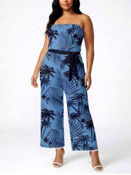 Coconut Tree Tropical Leaf Print Hawaii Pocket Jumpsuit with Removable Belt and Shoulder Strap -  