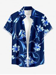 Flower Leaf Branch Print Hawaii Button Pocket Shirt For Men -  