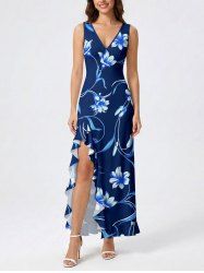 Flower Leaf Branch Print Hawaii Ruffles Split Dress -  
