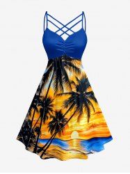 Coconut Tree Sun Seascape Print Ruched Lattice Crisscross Straps Hawaii Dress -  