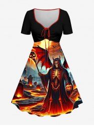Halloween Skull Skeleton Devil Witches Bat Tombstone Print Cinched A Line Dress -  