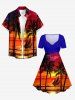 Tenue de plage hawaïenne assortie pour couples à imprimé cocotier, paysage marin et voilier - Orange Foncé 
