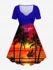 Tenue de plage hawaïenne assortie pour couples à imprimé cocotier, paysage marin et voilier - Orange Foncé 