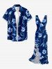 Flower Leaf Branch Print Hawaii Ruffles Split Dress -  