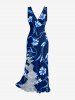 Flower Leaf Branch Print Hawaii Ruffles Split Dress -  