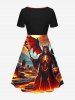 Halloween Skull Skeleton Devil Witches Bat Tombstone Print Cinched A Line Dress -  