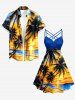 Coconut Tree Sun Seascape Print Ruched Lattice Crisscross Straps Hawaii Dress -  