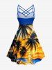 Coconut Tree Sun Seascape Print Ruched Lattice Crisscross Straps Hawaii Dress -  