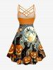 Halloween Pumpkin Cat Moon Print Ruched Lattice Crisscross Straps Dress -  