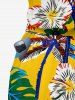Flowers Leaf Tropical Print Pocket Hawaii Jumpsuit With Removable Belt and Shoulder Straps -  