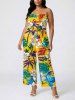 Flowers Leaf Tropical Print Pocket Hawaii Jumpsuit With Removable Belt and Shoulder Straps -  