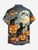 Halloween Pumpkin Cat Moon Print Buttons Pocket Shirt For Men -  