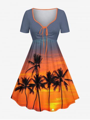 Coconut Tree Sun Ombre Print Cinched Hawaii Dress - ORANGE - 1X