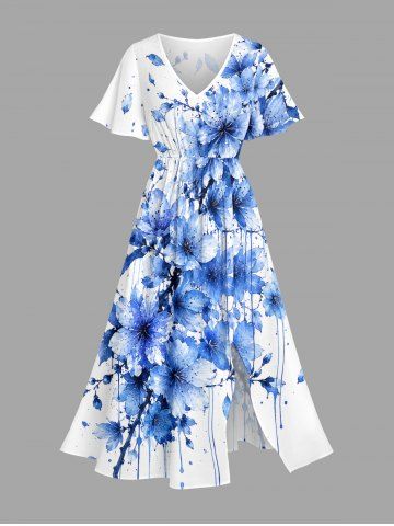 Flowers Paint Splatter Print Split Hawaii Midi Dress - WHITE - 5X
