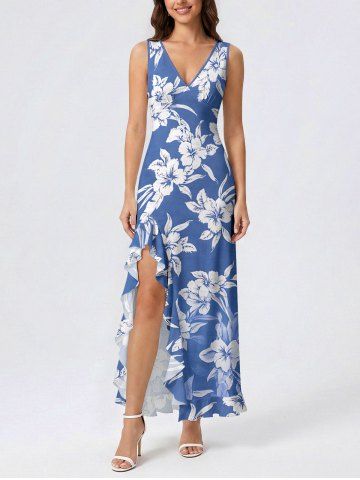 Robe portefeuille fendue à volants à imprimé hawaïen fleurs et feuilles - SKY BLUE - XXL
