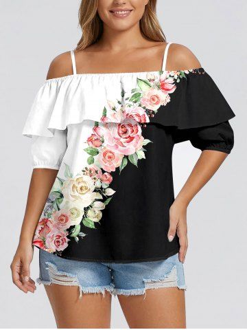 Rose Flower Leaf Colorblock Print Cold Shoulder Ruffles Cover Hawaii Blouse - BLACK - XL