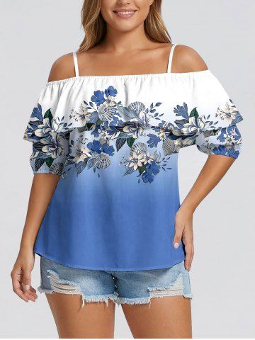 Blouse hawaïenne couvrante, à épaules dénudées et volants, imprimé ombré fleurs et feuilles - SKY BLUE - 4XL