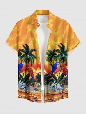 Chemise hawaïenne pour homme à imprimé cocotiers, fleurs, feuilles et perroquets, avec boutons et poche. - ORANGE - 2XL