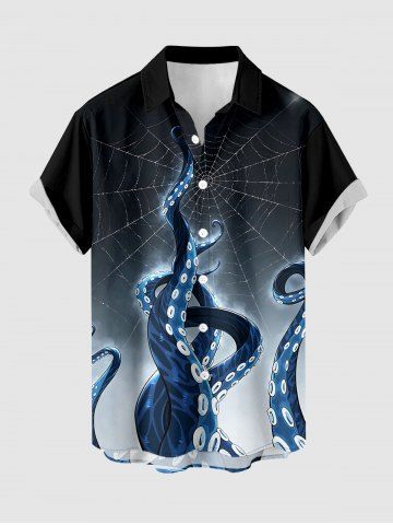 Halloween Octopus Spider Web Ombre Print Buttons Pocket Shirt For Men - BLACK - S
