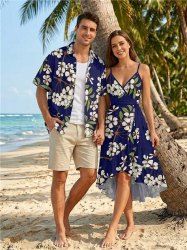 Leaf Flower Branch Print Matching Hawaii Beach Outfit For Couples -  