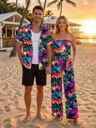 Coconut Tree Tie Dye Print Matching Hawaii Beach Outfit For Couples -  