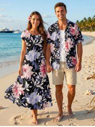 Flower Leaf Branch Print Matching Hawaii Beach Outfit For Couples -  