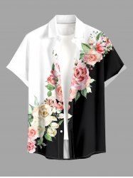 Rose Flower Leaf Colorblock Print Buttons Pocket Hawaii Shirt For Men -  