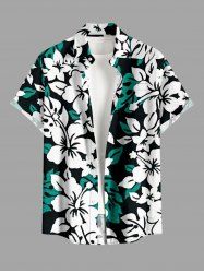 Chemise hawaïenne pour homme à imprimé fleurs et feuilles d'hibiscus, avec boutons et poche. - Turquoise Foncée L