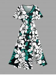 Hibiscus Flower Leaf Print Split Hawaii Midi Dress -  
