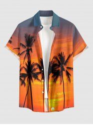 Chemise hawaïenne pour homme à imprimé ombré soleil et cocotier, avec boutons et poche - Orange S