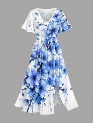 Flowers Paint Splatter Print Split Hawaii Midi Dress -  