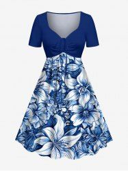Robe hawaïenne cintrée à imprimé fleurs et feuilles - Bleu profond 6X