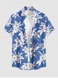 Chemise hawaïenne pour homme à imprimé fleurs et feuilles, avec boutons et poche - Bleu Ciel S