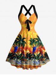 Coconut Tree Flowers Leaf Print Crisscross Straps Bowknot Hawaii Tank Dress -  