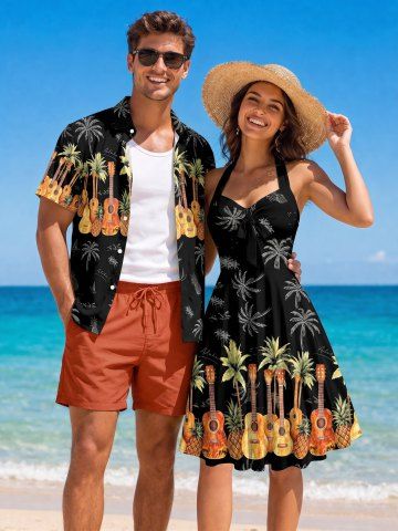 Coconut Tree Pineapple Guitar Print Matching Hawaii Beach Outfit For Couples - BLACK
